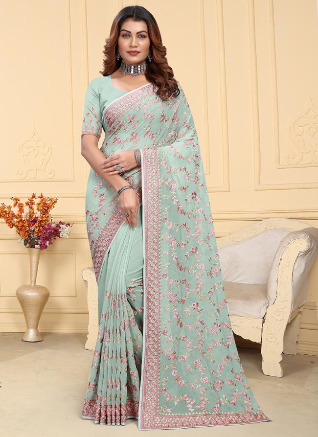 Georgette Sea Green Traditional Wear Embroidery Work Saree